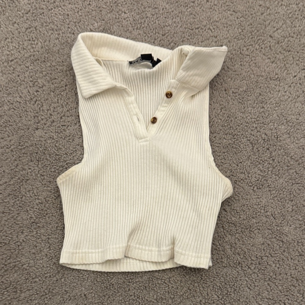 Cream Ribbed Sleeveless Collared Top